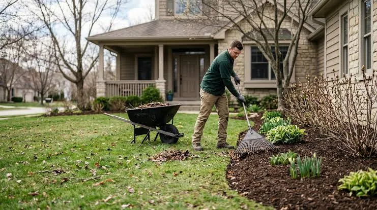 Fresh mulch installation in a Massachusetts landscape bed